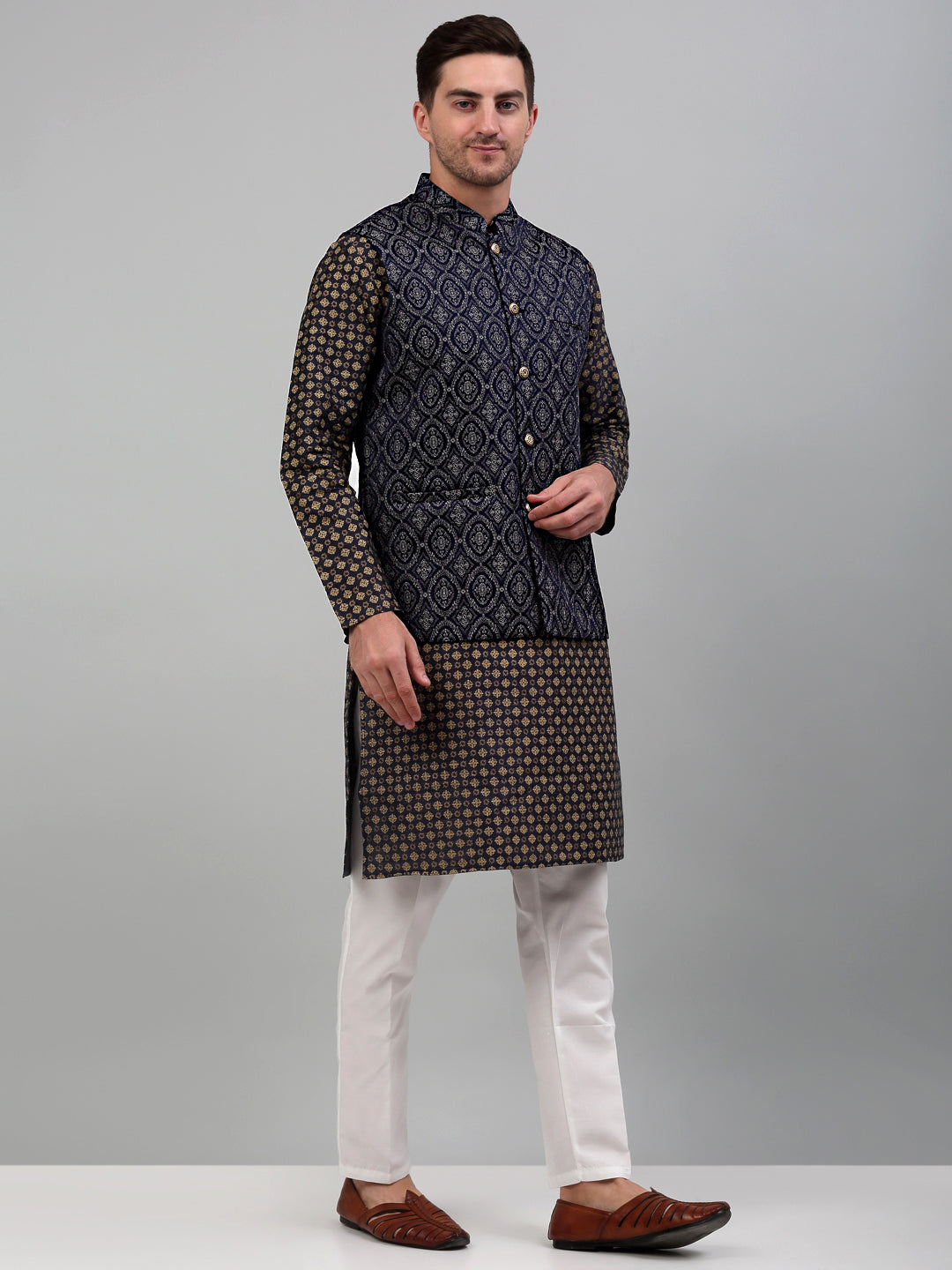 Jompers Men's Woven Design Nehru Jacket with Printed Kurta Pyjama Set - Silver - Distacart