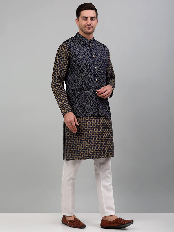 Jompers Men's Woven Design Nehru Jacket with Printed Kurta Pyjama Set - Silver - Distacart