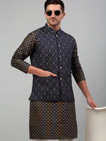 Thumbnail for Jompers Men's Woven Design Nehru Jacket with Printed Kurta Pyjama Set - Silver - Distacart