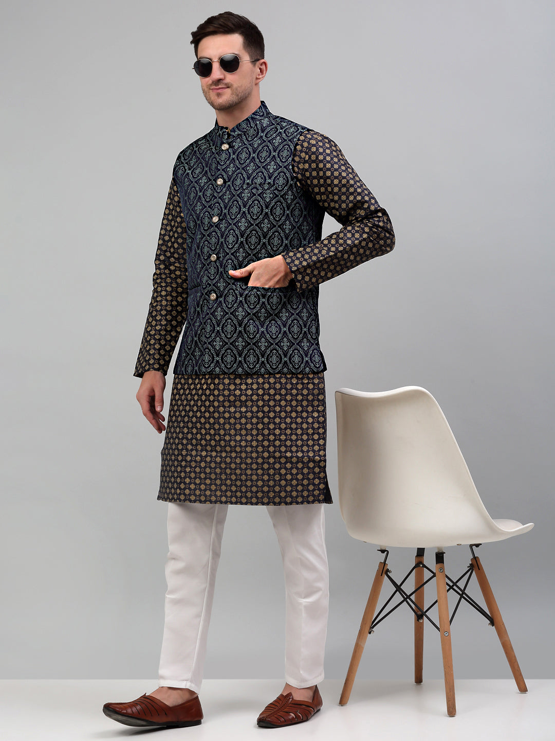 Jompers Men's Woven Design Nehru Jacket with Printed Kurta Pyjama Set - Teal - Distacart