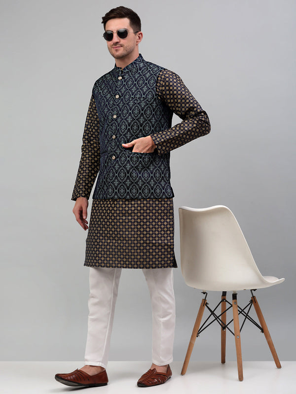 Jompers Men's Woven Design Nehru Jacket with Printed Kurta Pyjama Set - Teal - Distacart