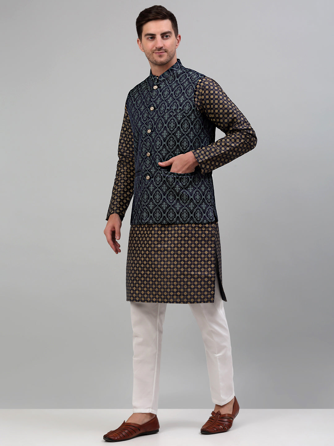 Jompers Men's Woven Design Nehru Jacket with Printed Kurta Pyjama Set - Teal - Distacart
