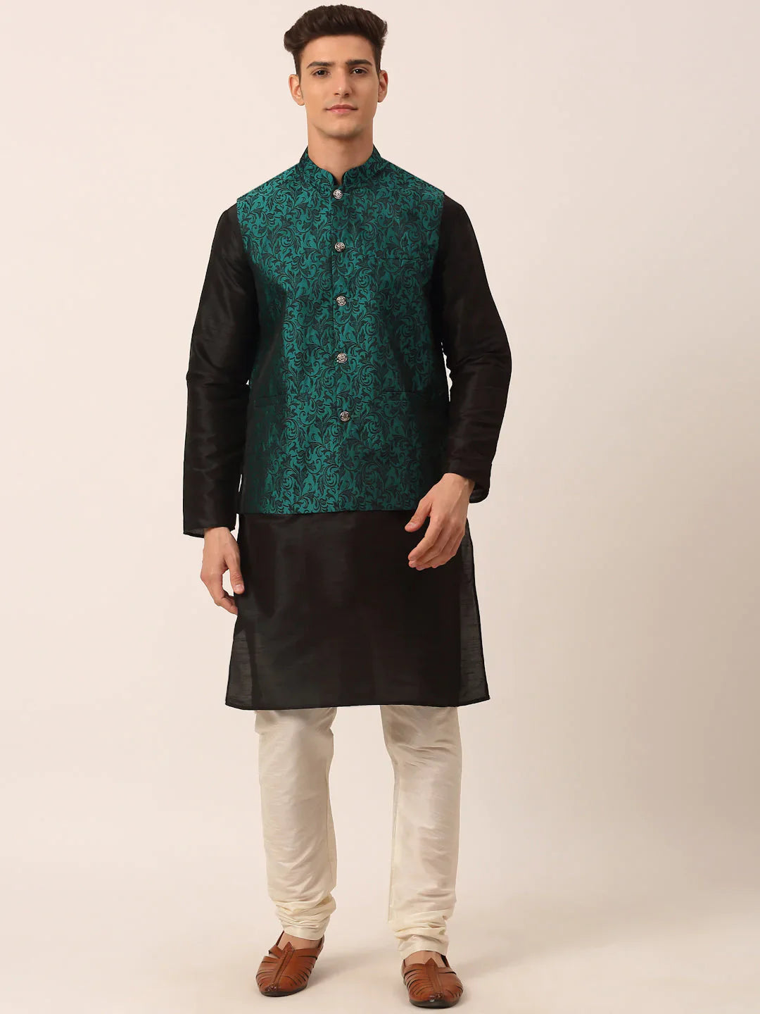 Jompers Men's Solid Kurta Pyjama With Green Woven Design Nehru Jacket - Distacart