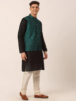 Thumbnail for Jompers Men's Solid Kurta Pyjama With Green Woven Design Nehru Jacket - Distacart