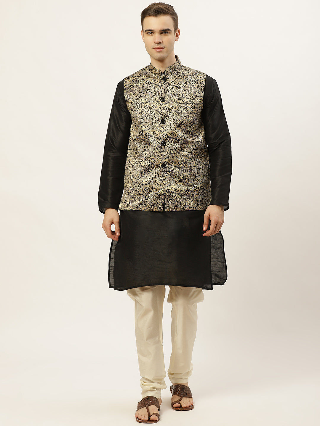 Jompers Men's Printed Nehru Jacket and Kurta Pyjama Set - Golden - Distacart