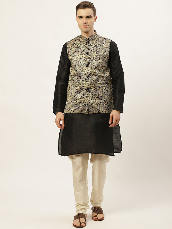 Jompers Men's Printed Nehru Jacket and Kurta Pyjama Set - Golden - Distacart