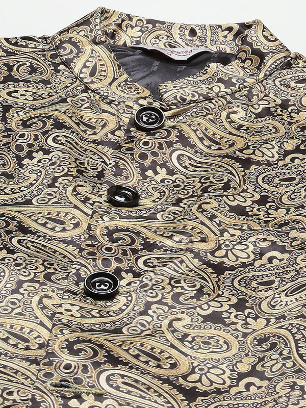 Jompers Men's Printed Nehru Jacket and Kurta Pyjama Set - Golden - Distacart