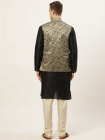Thumbnail for Jompers Men's Printed Nehru Jacket and Kurta Pyjama Set - Golden - Distacart