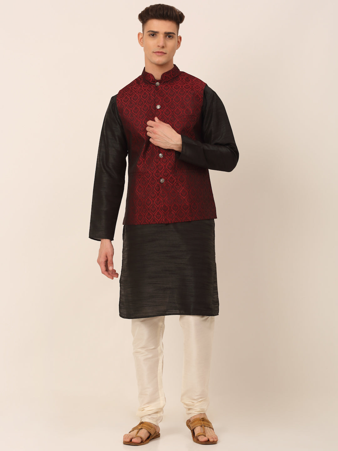 Jompers Men's Woven Design Nehru Jacket and Kurta Pyjama Set - Maroon - Distacart