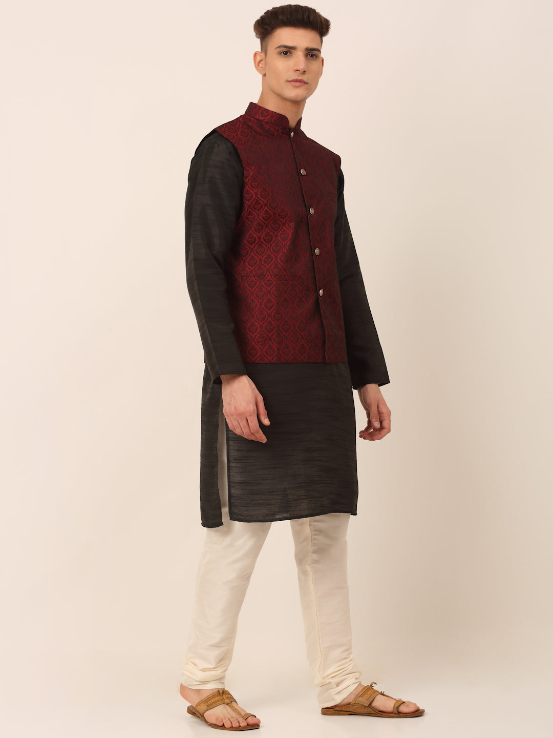 Jompers Men's Woven Design Nehru Jacket and Kurta Pyjama Set - Maroon - Distacart
