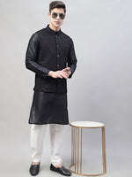 Thumbnail for Jompers Men's Black Solid Kurta Pyjama with Black Embroidered Nehru Jacket - Distacart