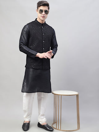 Jompers Men's Black Solid Kurta Pyjama with Black Embroidered Nehru Jacket - Distacart