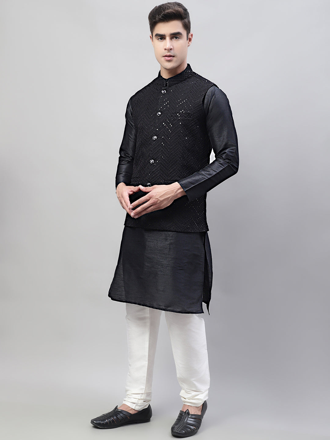 Jompers Men's Black Solid Kurta Pyjama with Black Embroidered Nehru Jacket - Distacart
