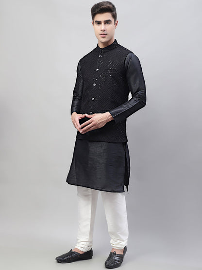 Jompers Men's Black Solid Kurta Pyjama with Black Embroidered Nehru Jacket - Distacart