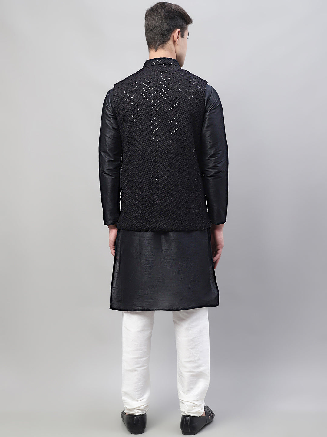 Jompers Men's Black Solid Kurta Pyjama with Black Embroidered Nehru Jacket - Distacart