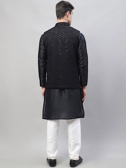 Jompers Men's Black Solid Kurta Pyjama with Black Embroidered Nehru Jacket - Distacart