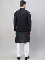 Thumbnail for Jompers Men's Black Solid Kurta Pyjama with Black Embroidered Nehru Jacket - Distacart