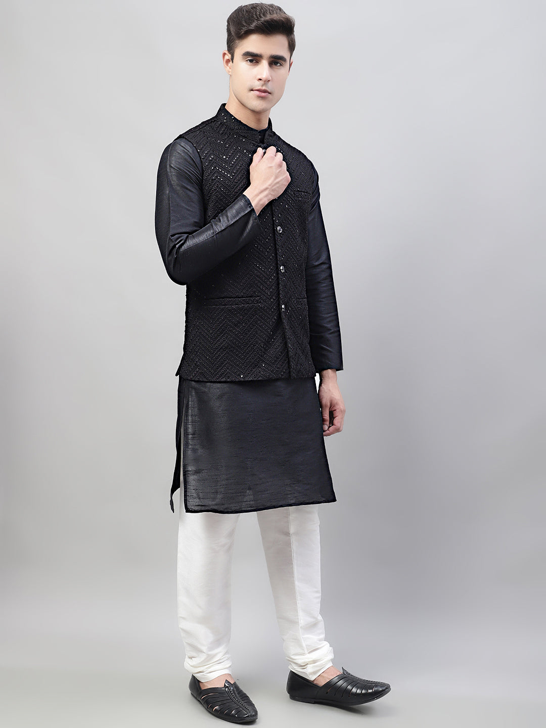 Jompers Men's Black Solid Kurta Pyjama with Black Embroidered Nehru Jacket - Distacart