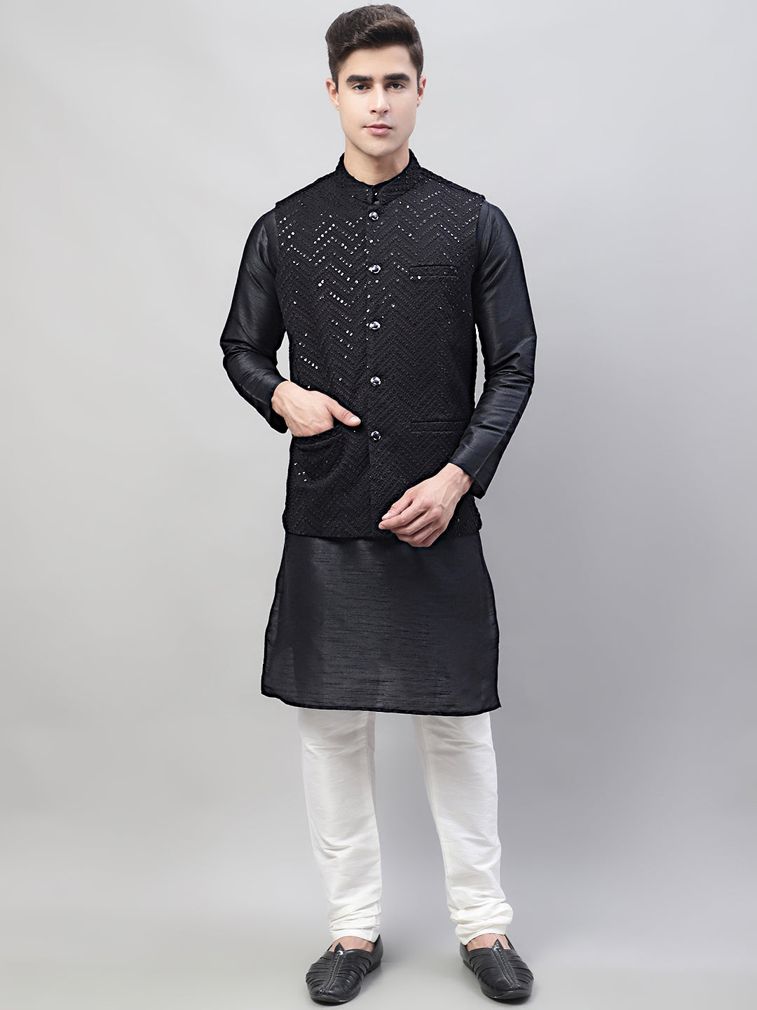 Jompers Men's Black Solid Kurta Pyjama with Black Embroidered Nehru Jacket - Distacart