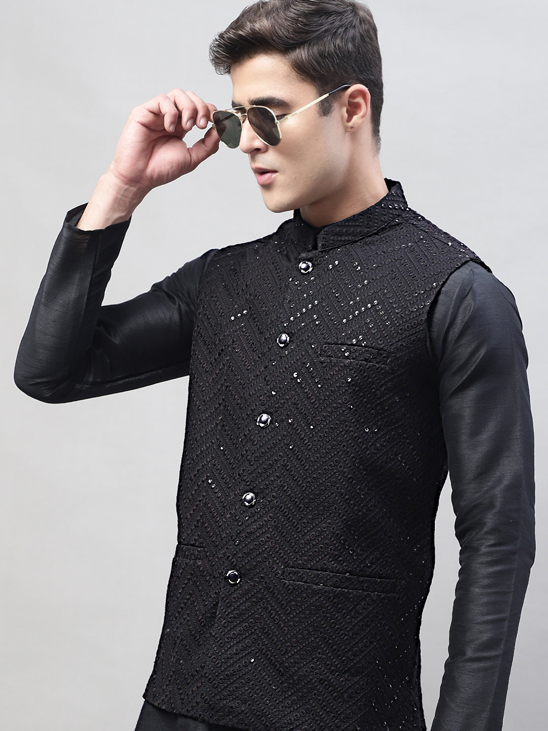 Jompers Men's Black Solid Kurta Pyjama with Black Embroidered Nehru Jacket - Distacart