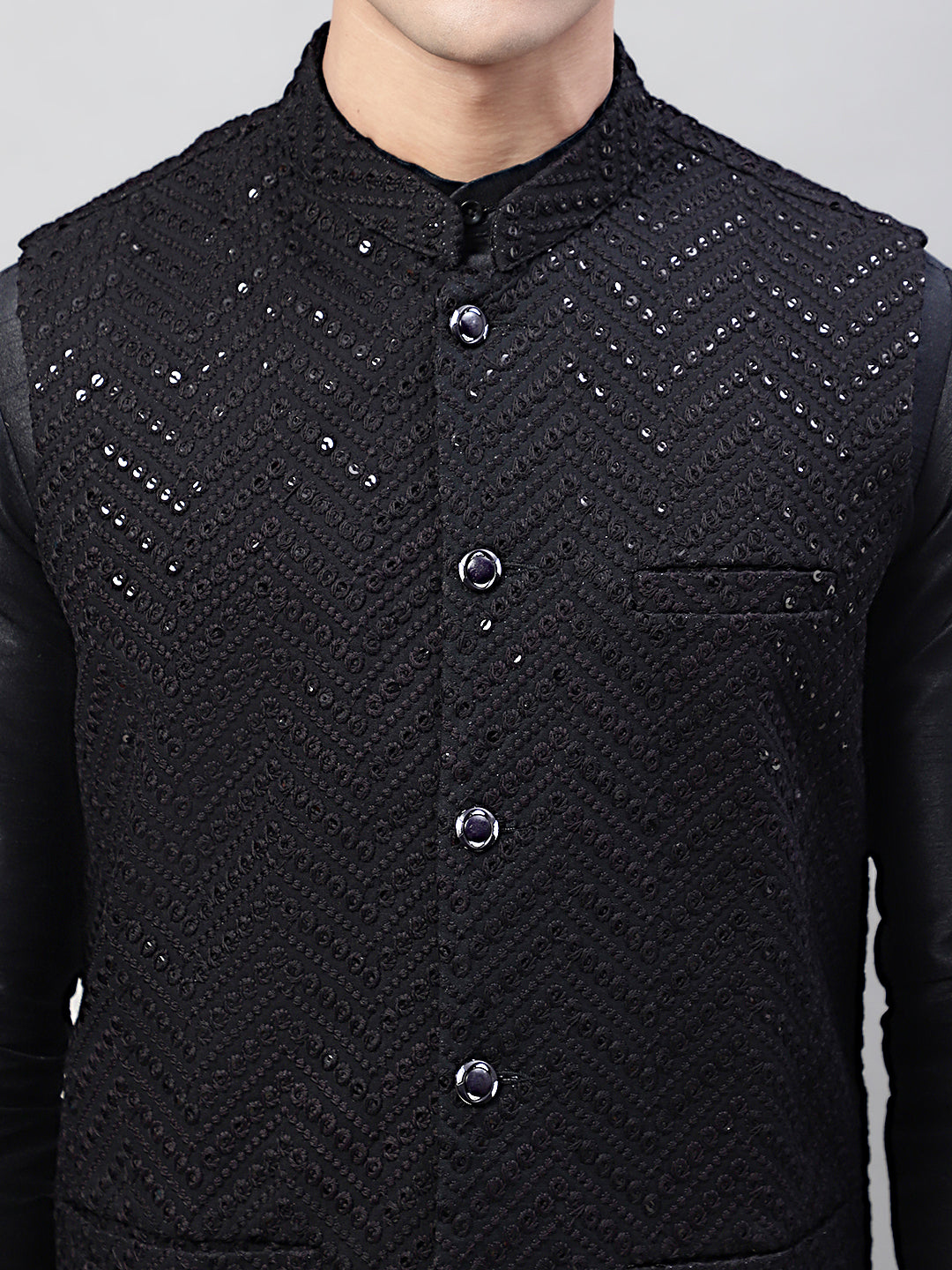 Jompers Men's Black Solid Kurta Pyjama with Black Embroidered Nehru Jacket - Distacart
