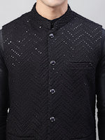 Thumbnail for Jompers Men's Black Solid Kurta Pyjama with Black Embroidered Nehru Jacket - Distacart