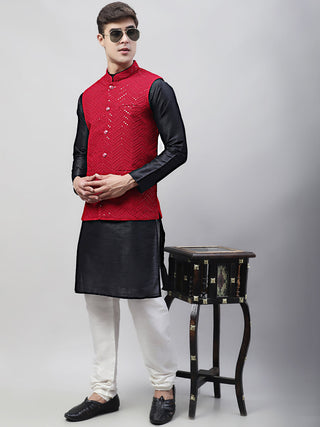 Jompers Men's Black Solid Kurta Pyjama with Maroon Embroidered Nehru Jacket - Distacart