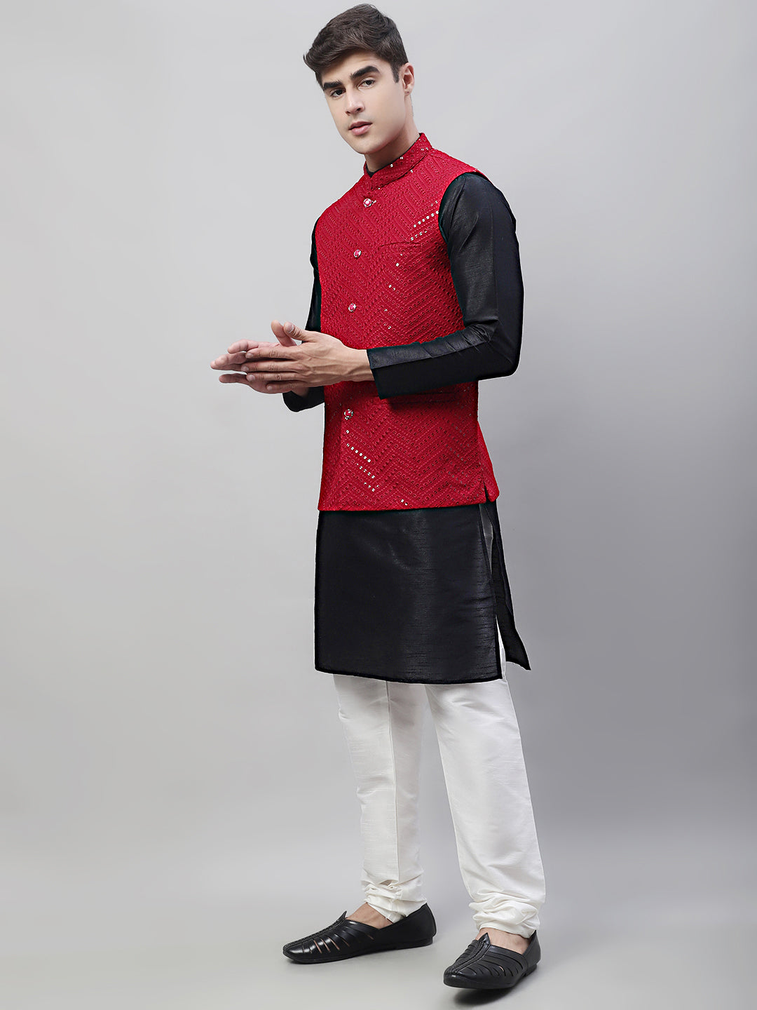 Jompers Men's Black Solid Kurta Pyjama with Maroon Embroidered Nehru Jacket - Distacart
