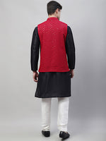 Thumbnail for Jompers Men's Black Solid Kurta Pyjama with Maroon Embroidered Nehru Jacket - Distacart