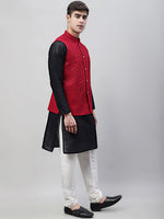 Thumbnail for Jompers Men's Black Solid Kurta Pyjama with Maroon Embroidered Nehru Jacket - Distacart