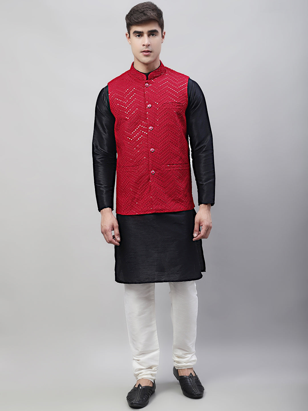 Jompers Men's Black Solid Kurta Pyjama with Maroon Embroidered Nehru Jacket - Distacart