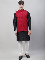 Thumbnail for Jompers Men's Black Solid Kurta Pyjama with Maroon Embroidered Nehru Jacket - Distacart