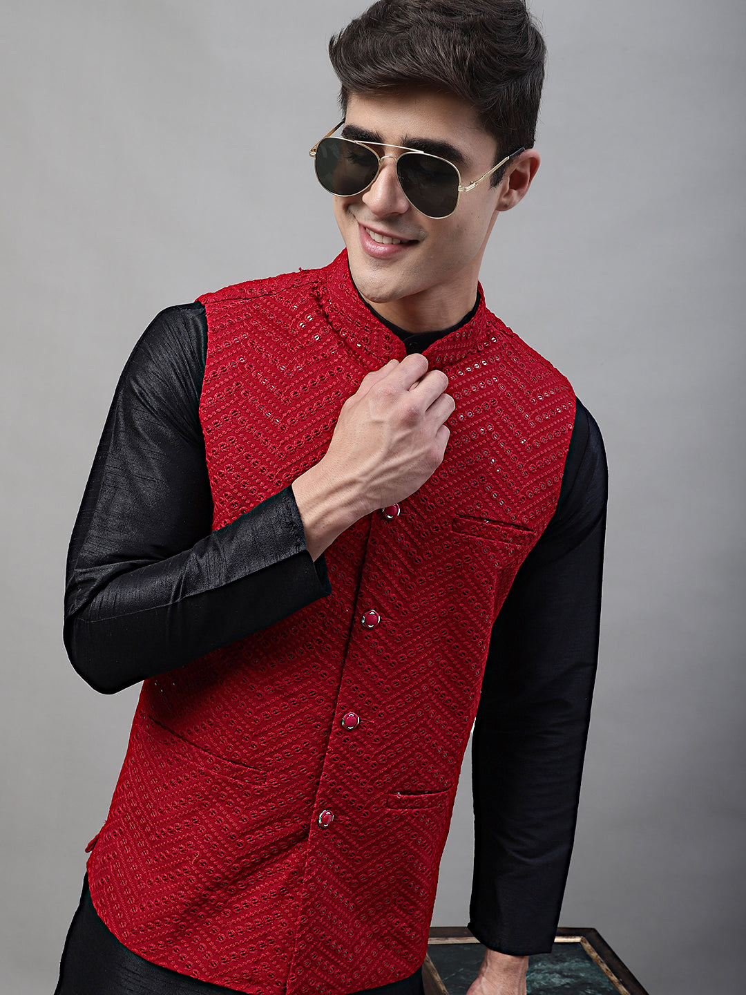 Jompers Men's Black Solid Kurta Pyjama with Maroon Embroidered Nehru Jacket - Distacart