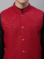 Thumbnail for Jompers Men's Black Solid Kurta Pyjama with Maroon Embroidered Nehru Jacket - Distacart