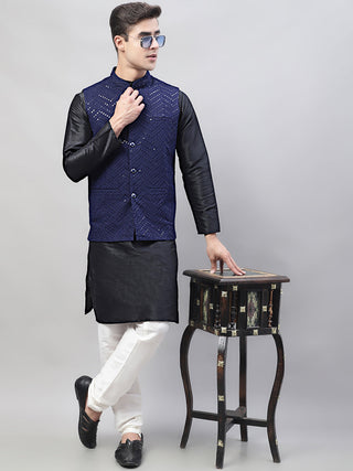 Jompers Men's Black Solid Kurta Pyjama with Navy Blue Embroidered Nehru Jacket - Distacart