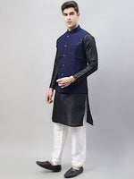 Thumbnail for Jompers Men's Black Solid Kurta Pyjama with Navy Blue Embroidered Nehru Jacket - Distacart