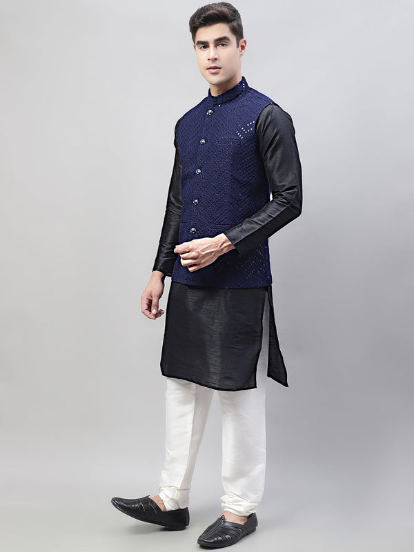 Jompers Men's Black Solid Kurta Pyjama with Navy Blue Embroidered Nehru Jacket - Distacart
