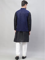 Thumbnail for Jompers Men's Black Solid Kurta Pyjama with Navy Blue Embroidered Nehru Jacket - Distacart