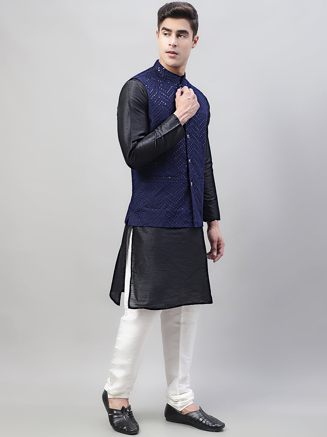 Jompers Men's Black Solid Kurta Pyjama with Navy Blue Embroidered Nehru Jacket - Distacart