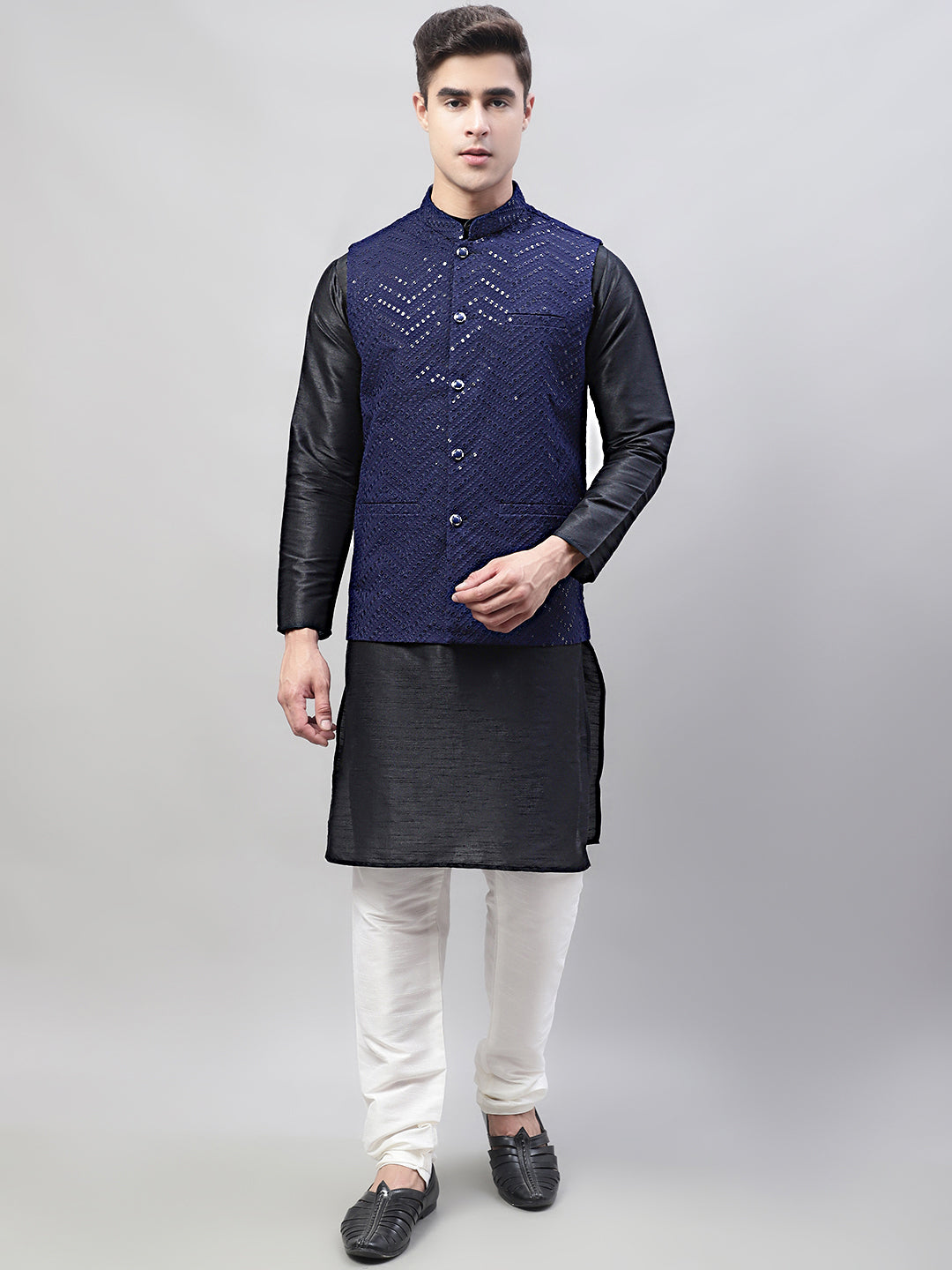 Jompers Men's Black Solid Kurta Pyjama with Navy Blue Embroidered Nehru Jacket - Distacart