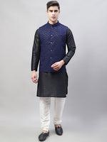 Thumbnail for Jompers Men's Black Solid Kurta Pyjama with Navy Blue Embroidered Nehru Jacket - Distacart