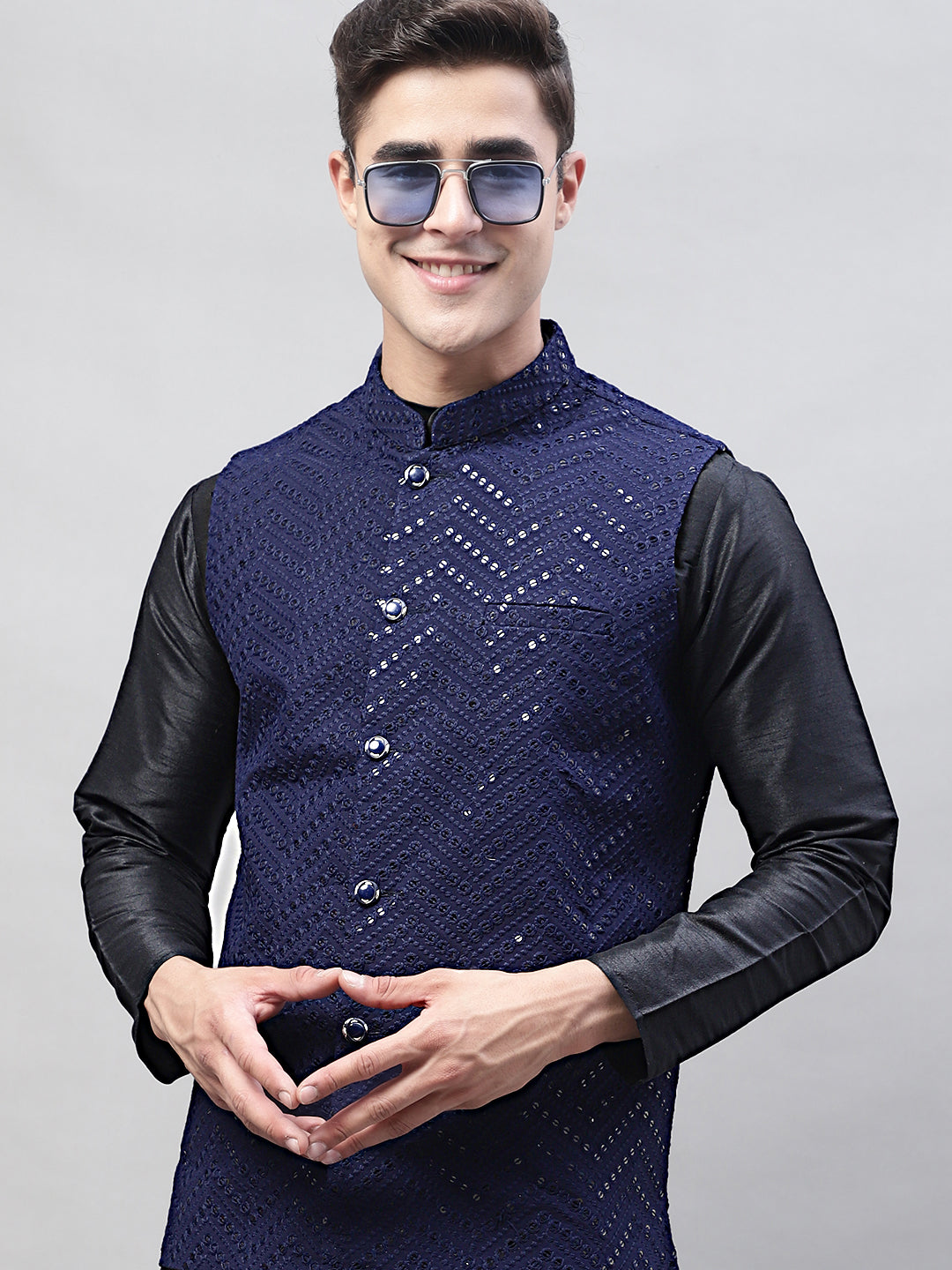 Jompers Men's Black Solid Kurta Pyjama with Navy Blue Embroidered Nehru Jacket - Distacart