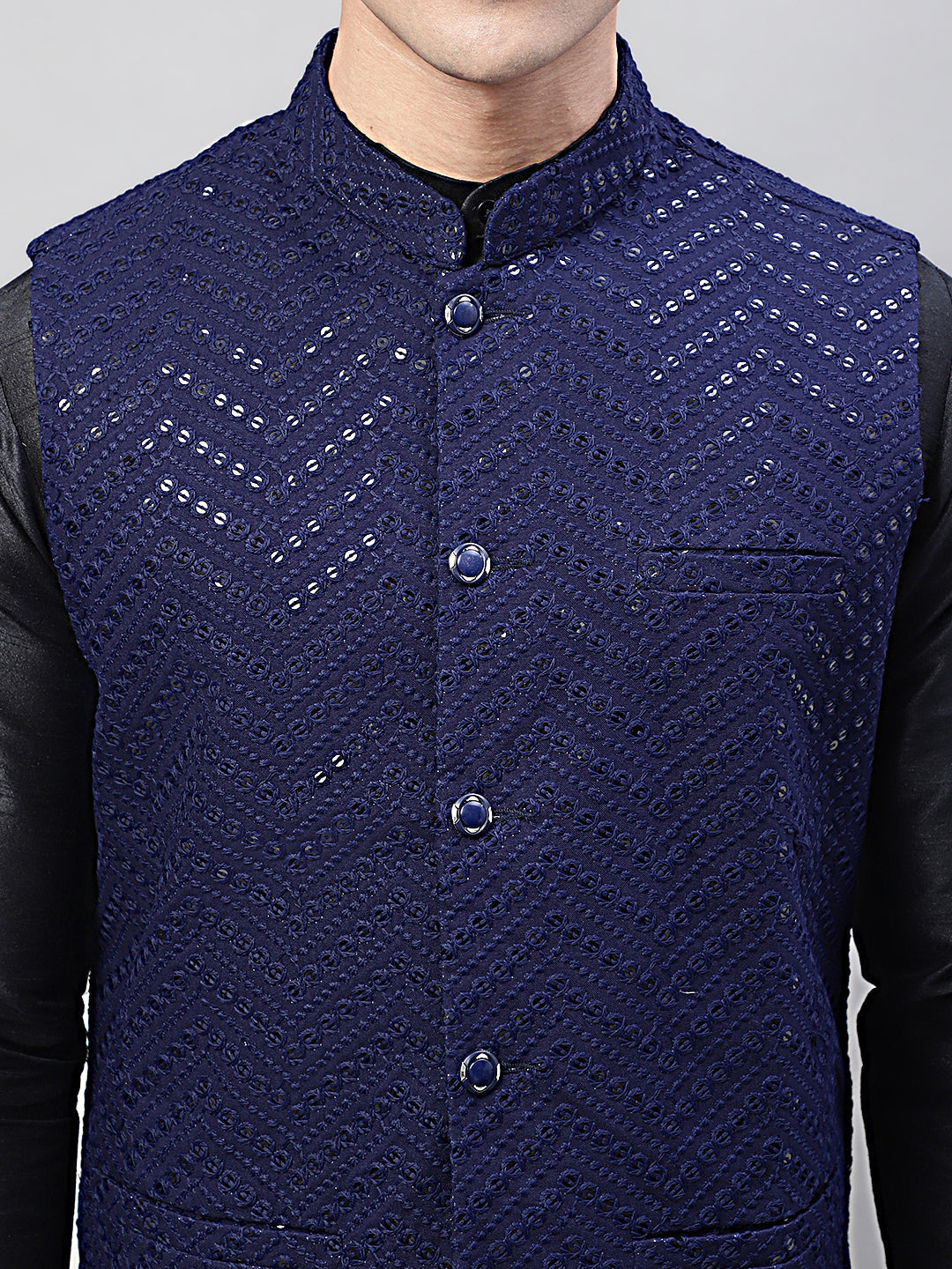 Jompers Men's Black Solid Kurta Pyjama with Navy Blue Embroidered Nehru Jacket - Distacart