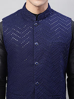 Thumbnail for Jompers Men's Black Solid Kurta Pyjama with Navy Blue Embroidered Nehru Jacket - Distacart