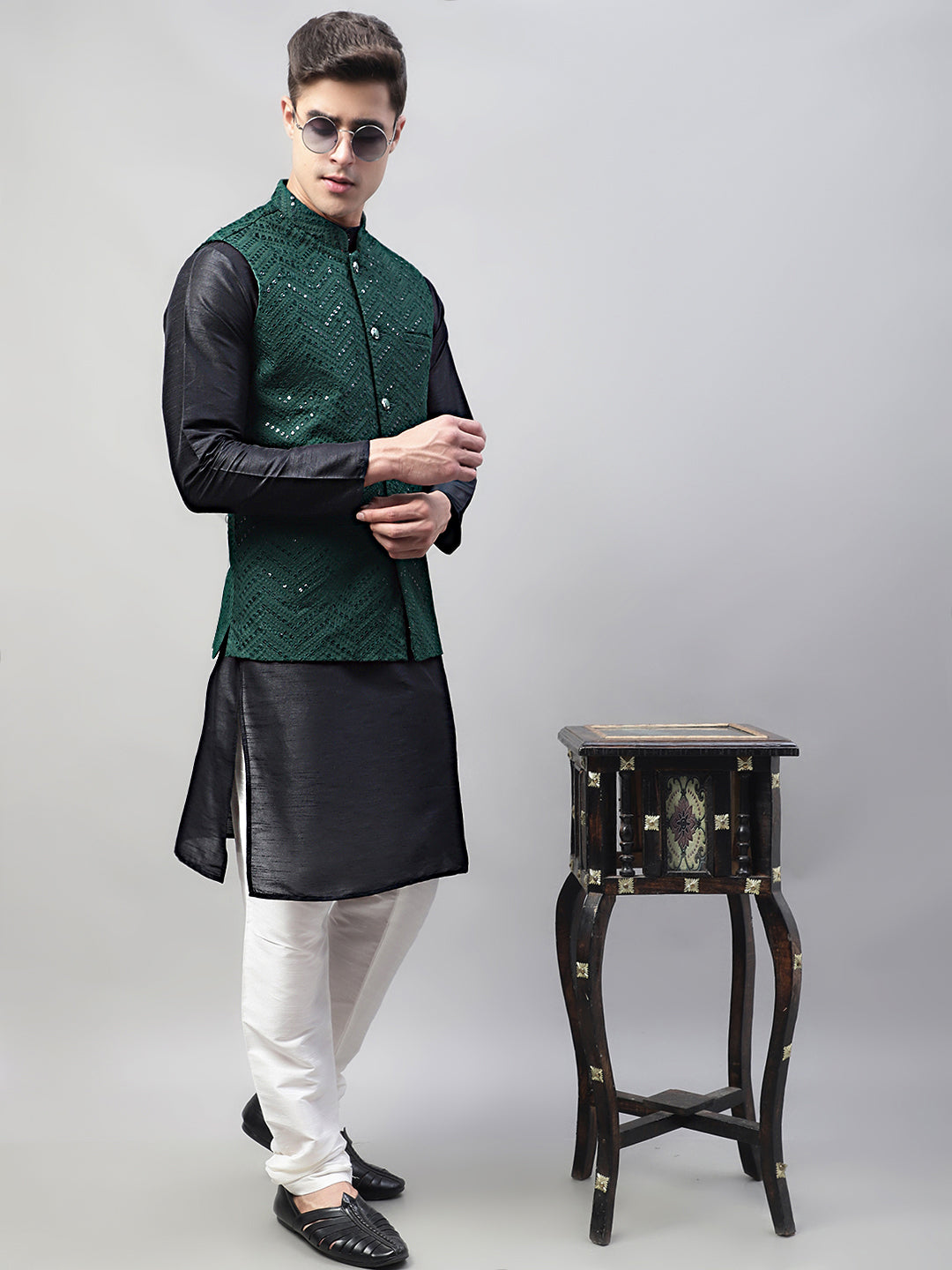 Jompers Men's Black Solid Kurta Pyjama with Olive Green Embroidered Nehru Jacket - Distacart
