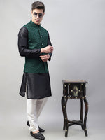 Thumbnail for Jompers Men's Black Solid Kurta Pyjama with Olive Green Embroidered Nehru Jacket - Distacart