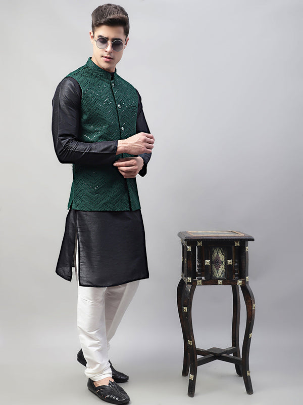 Jompers Men's Black Solid Kurta Pyjama with Olive Green Embroidered Nehru Jacket - Distacart