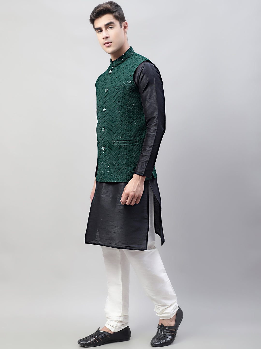 Jompers Men's Black Solid Kurta Pyjama with Olive Green Embroidered Nehru Jacket - Distacart