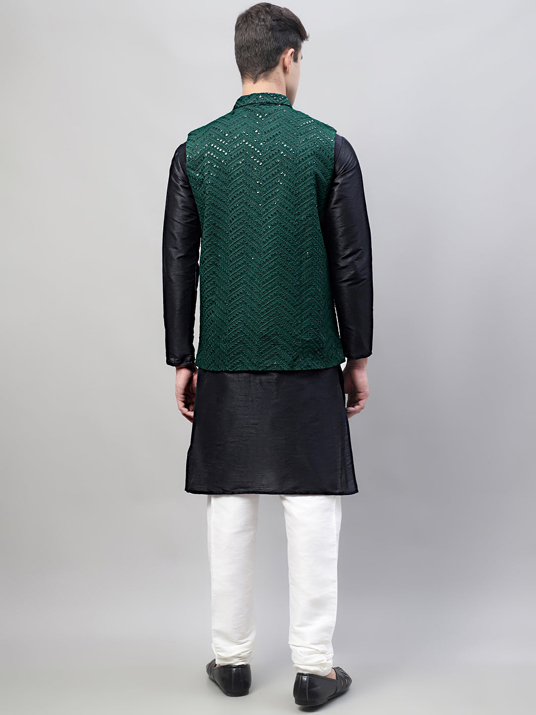 Jompers Men's Black Solid Kurta Pyjama with Olive Green Embroidered Nehru Jacket - Distacart