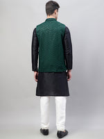 Thumbnail for Jompers Men's Black Solid Kurta Pyjama with Olive Green Embroidered Nehru Jacket - Distacart